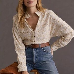 Anthropologie Pilcro Tavi Embroidered Button Down Top in Cream/Yellow